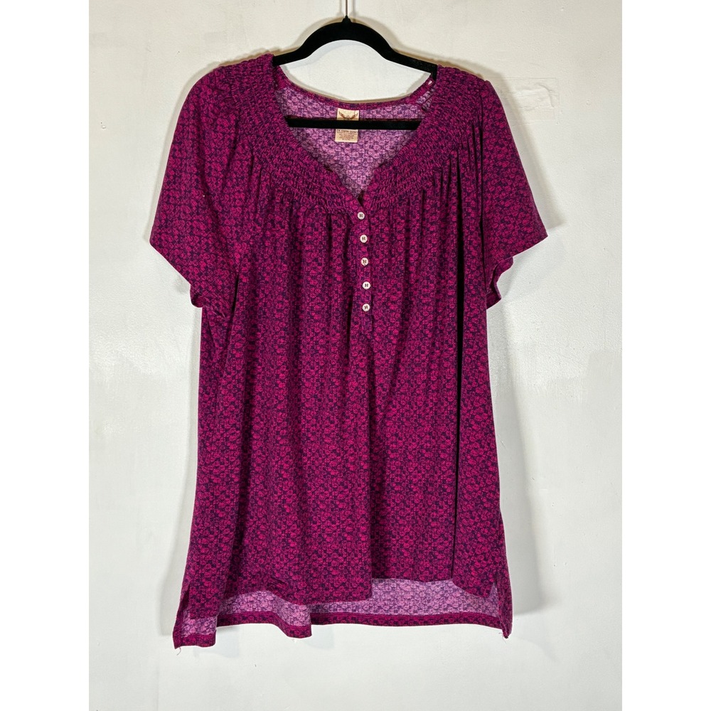 Women's Plus 2X Pink Purple Smocked Henley High Low Dolman Sleeve Top
